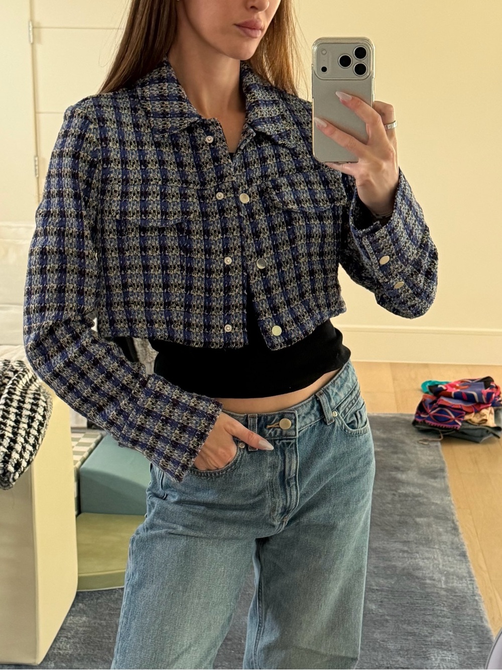 Zara Cropped Purple Plaid Tweed Jacket